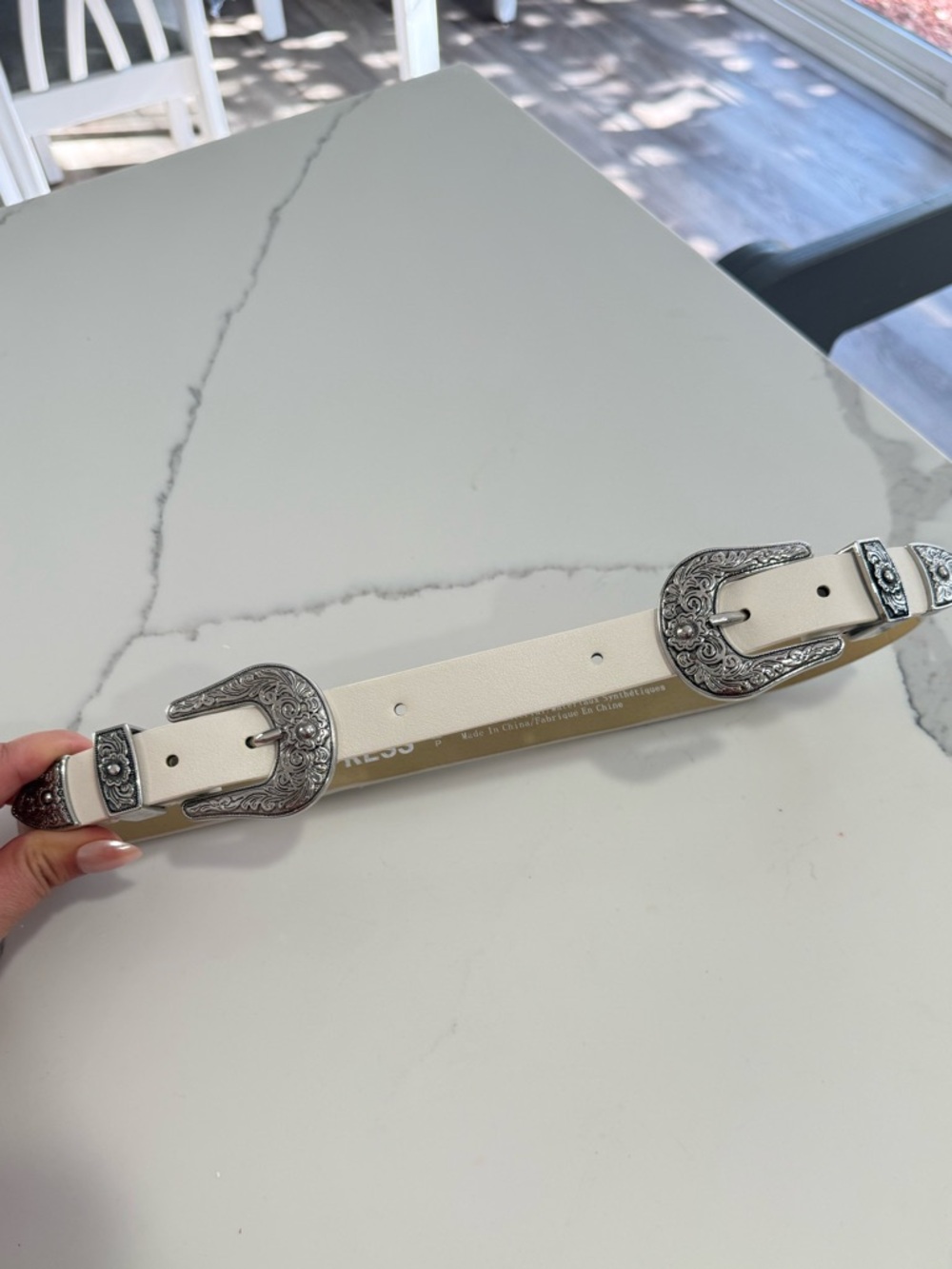 Express White Double Western Belt with Ornate Silver Buckles